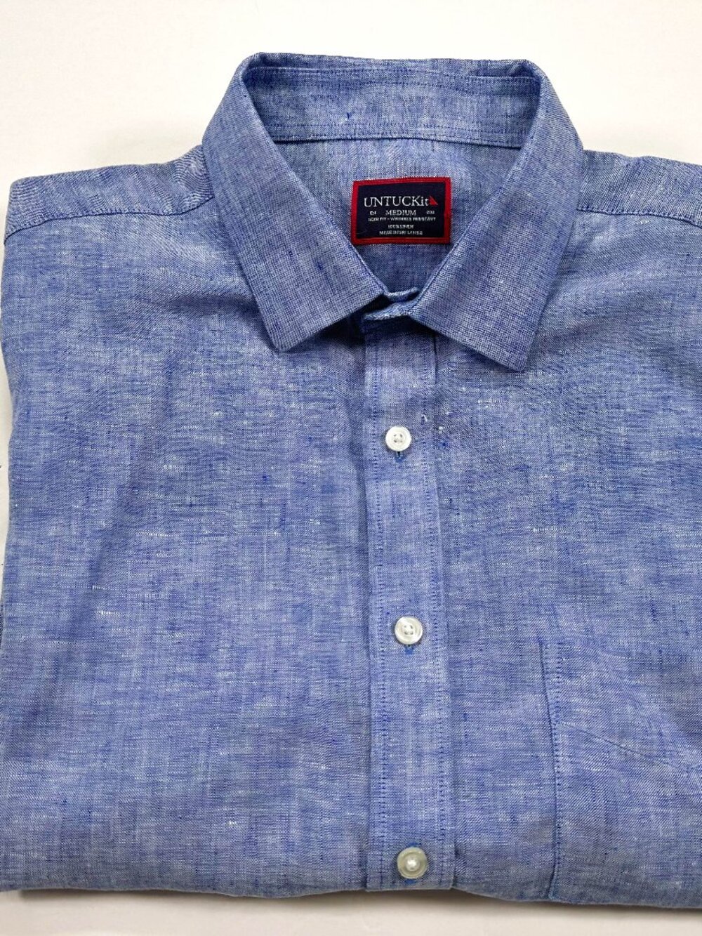 UNTUCKit Men's Cameron Wrinkle Resistant Linen Short Sleeve Blue Shirt Medium